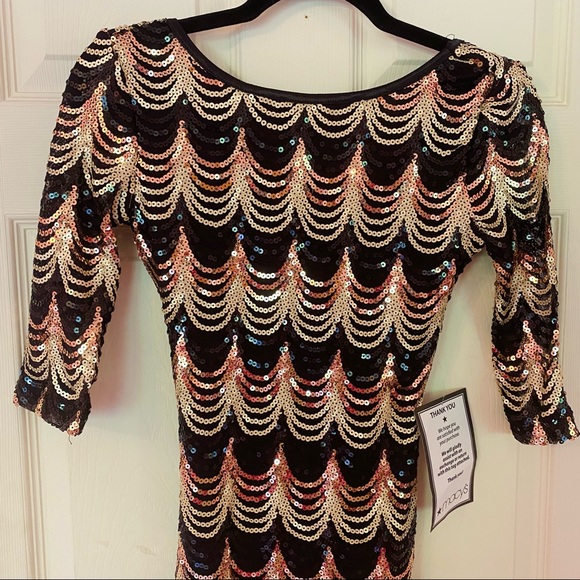 New nwt Sequin Black Gold Dress XS Crystal Doll Short Sleeve Prom homecoming - Picture 2 of 14